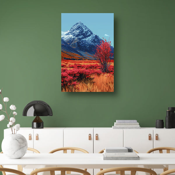 Herfstlandschap met Rode Boom en Sneeuwberg poster
