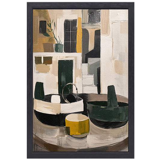 Abstract compositie met vaas en plant canvas met baklijst
