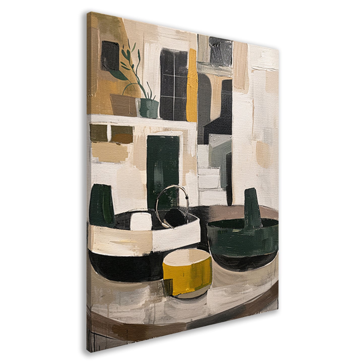 Abstract compositie met vaas en plant canvas