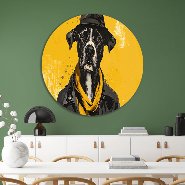 Stijlvolle hond met hoed en sjaal aluminium muurcirkel