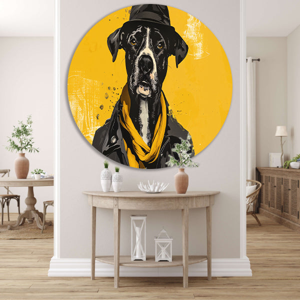 Stijlvolle hond met hoed en sjaal aluminium muurcirkel