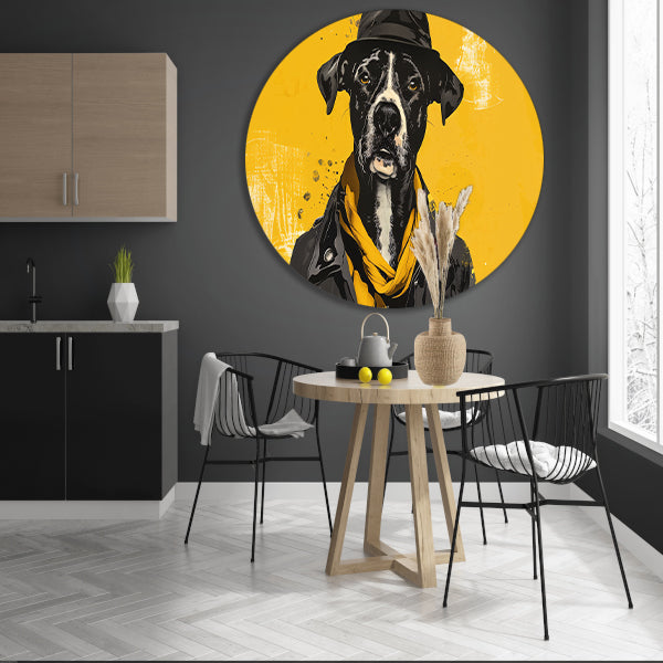Stijlvolle hond met hoed en sjaal aluminium muurcirkel