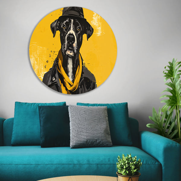 Stijlvolle hond met hoed en sjaal aluminium muurcirkel