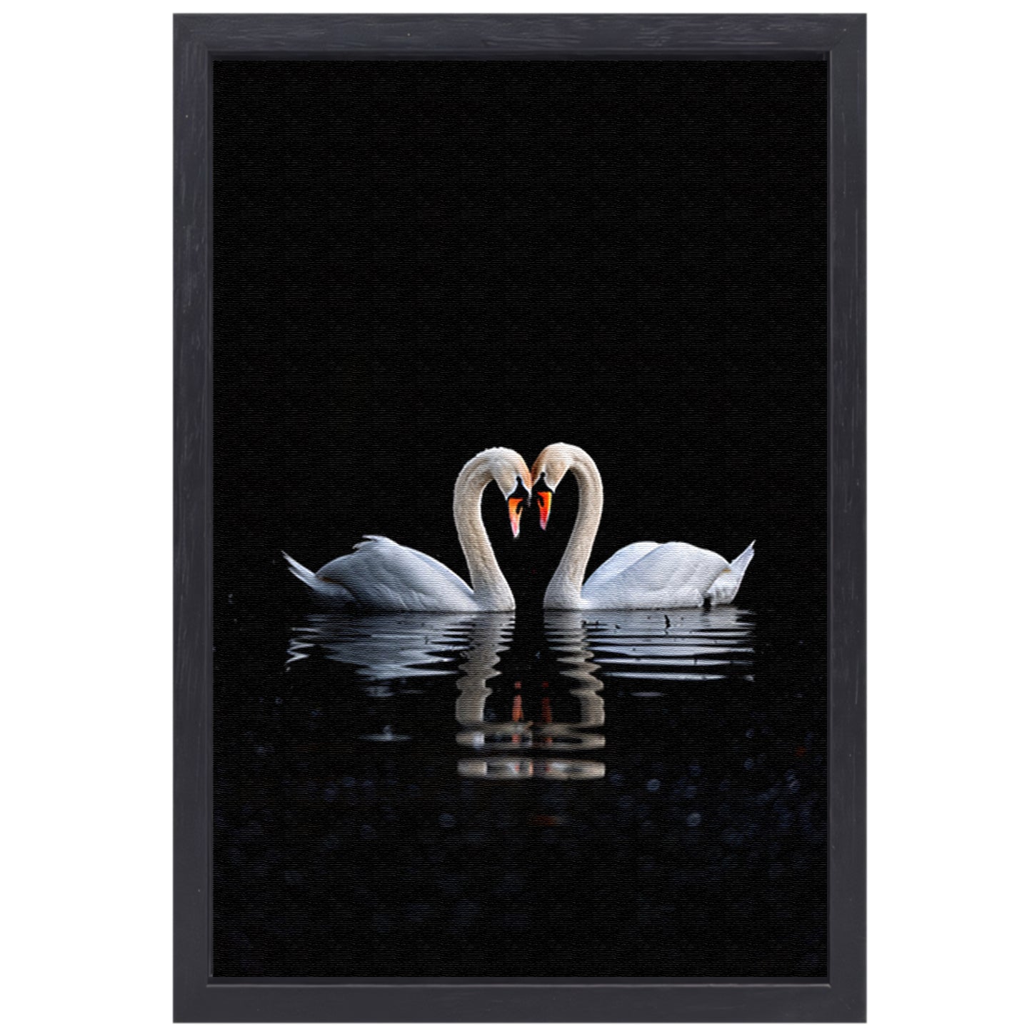 Twee zwanen vormen hart op water canvas met baklijst
