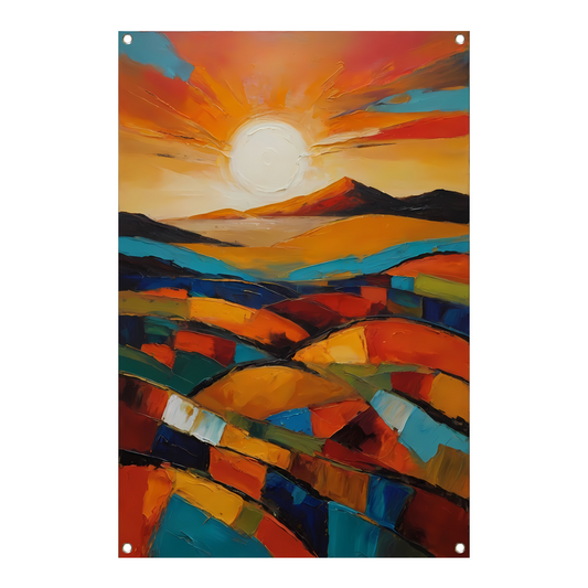 Stralende zon boven kleurrijke abstracte velden tuinposter