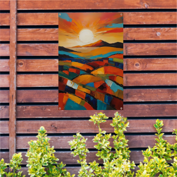 Stralende zon boven kleurrijke abstracte velden tuinposter