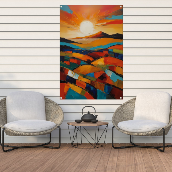 Stralende zon boven kleurrijke abstracte velden tuinposter