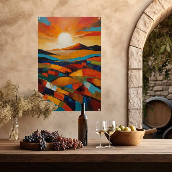 Stralende zon boven kleurrijke abstracte velden tuinposter