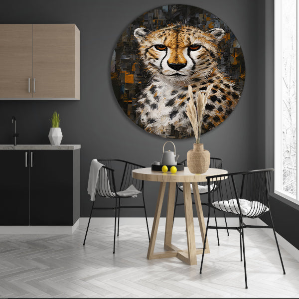 Abstracte Cheetah in Stedelijk Landschap aluminium muurcirkel