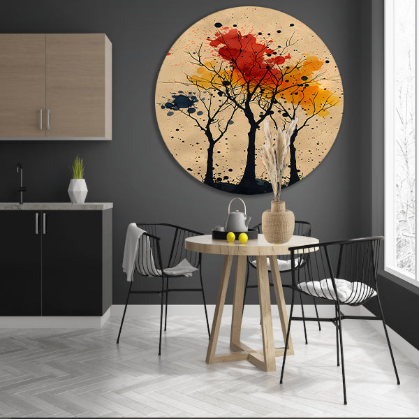 Abstract Bomen in Herfstkleuren met Verfspatten aluminium muurcirkel