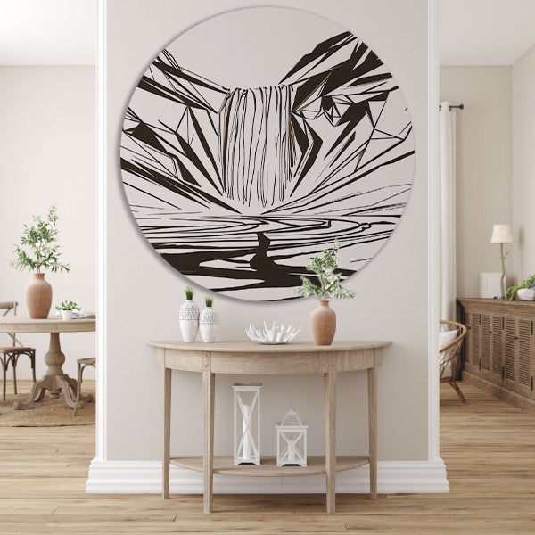 Minimalistische Abstracte Waterval in Lijnkunst aluminium muurcirkel