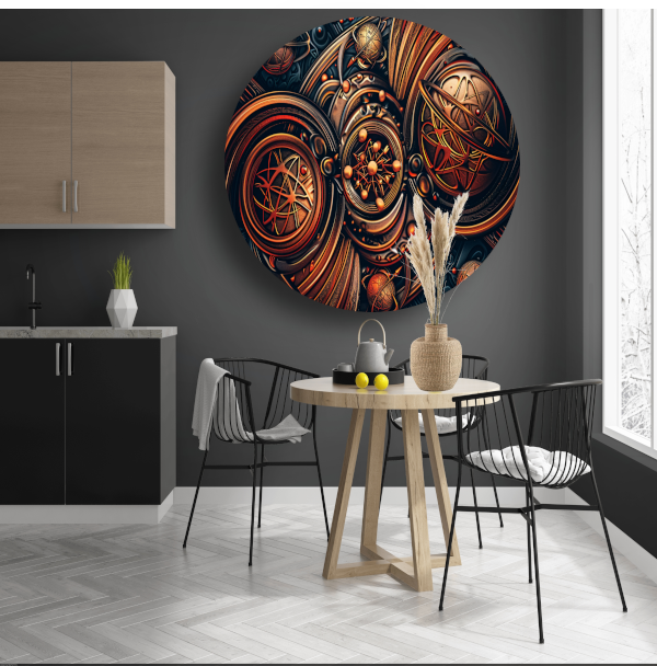 Esoterische symbolen in goud en zwart aluminium muurcirkel