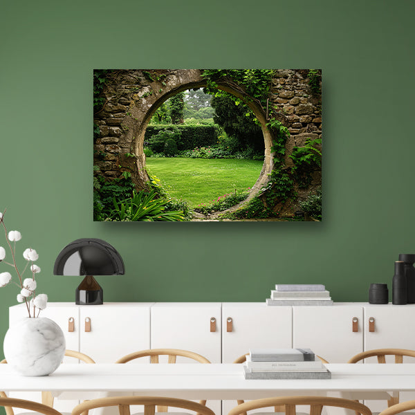 Oude stenen boog met zicht op groene, bloemrijke tuin poster