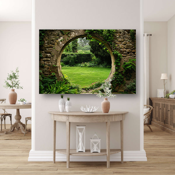 Oude stenen boog met zicht op groene, bloemrijke tuin poster