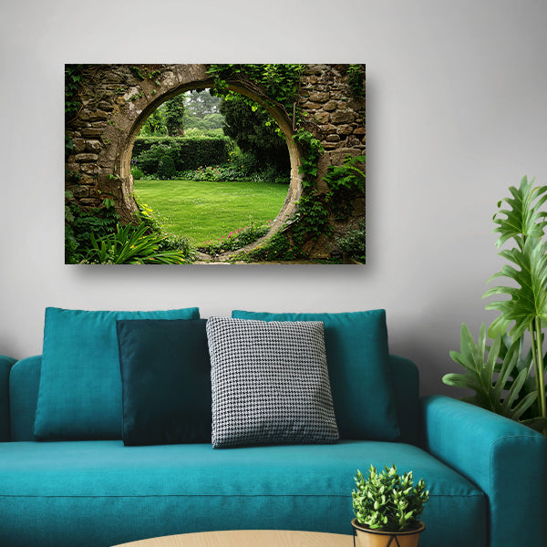 Oude stenen boog met zicht op groene, bloemrijke tuin poster