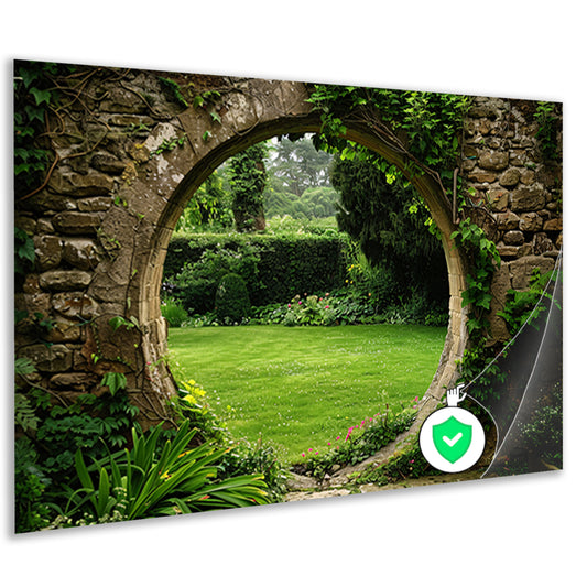 Oude stenen boog met zicht op groene, bloemrijke tuin poster