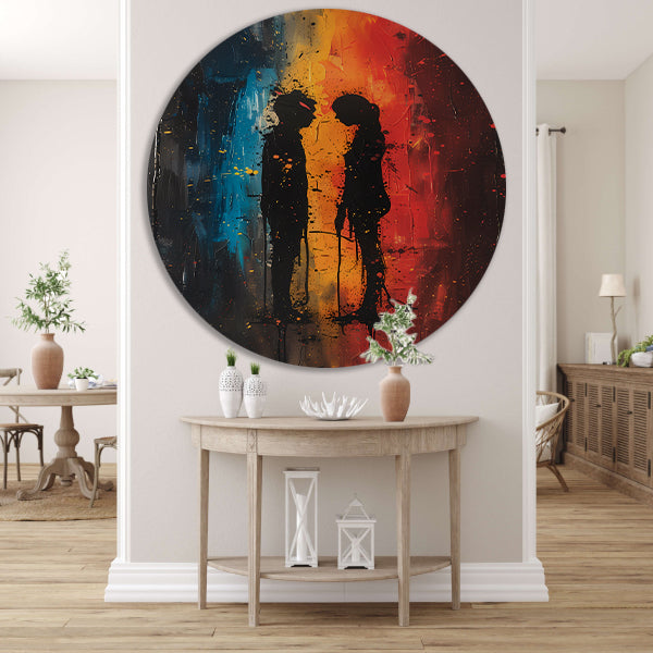 Abstract van Twee Figuren in Kleur aluminium muurcirkel