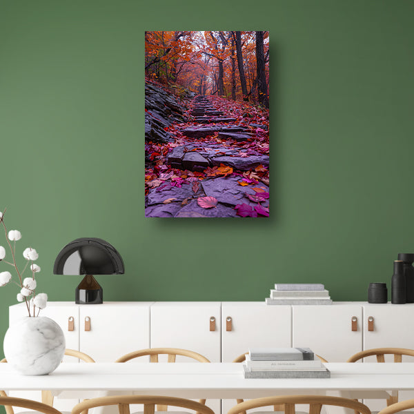Stenen pad met herfstbladeren in het bos canvas