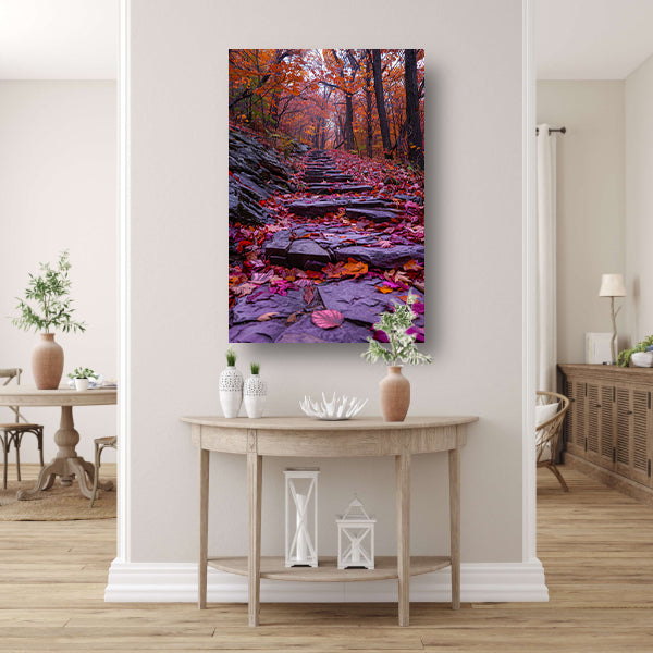 Stenen pad met herfstbladeren in het bos canvas