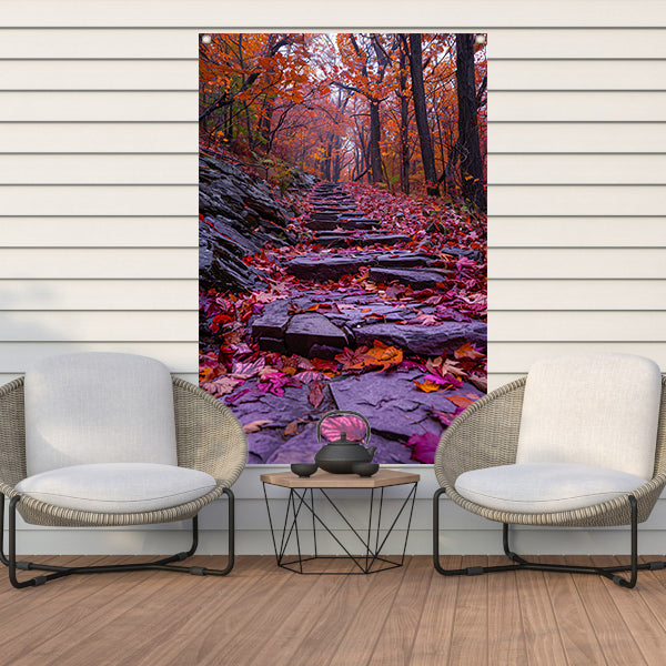 Stenen pad met herfstbladeren in het bos tuinposter