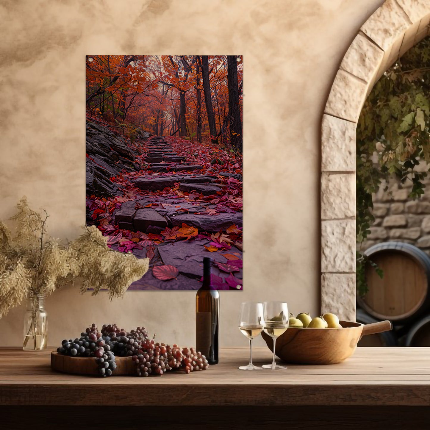 Stenen pad met herfstbladeren in het bos tuinposter