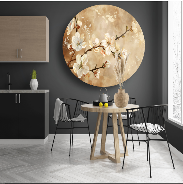 Sierlijke Bloesemtakken tegen Sepia Achtergrond aluminium muurcirkel