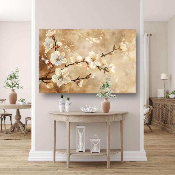 Sierlijke Bloesemtakken tegen Sepia Achtergrond canvas met baklijst