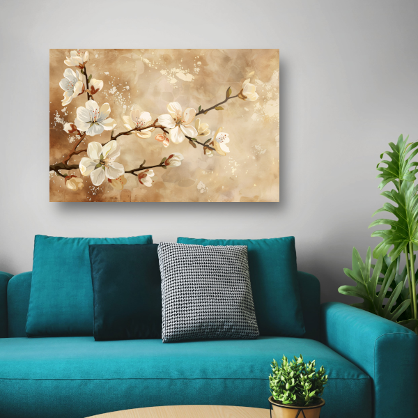 Sierlijke Bloesemtakken tegen Sepia Achtergrond canvas met baklijst