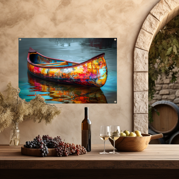 Impressionistisch waterlandschap met boot tuinposter