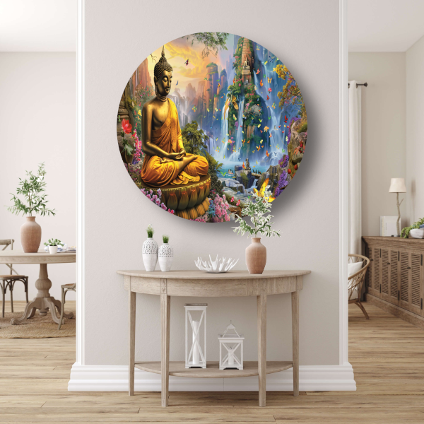 Serene Boeddha en Watervallen in Paradijselijke Natuur aluminium muurcirkel