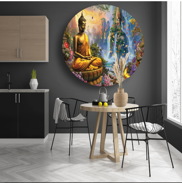 Serene Boeddha en Watervallen in Paradijselijke Natuur aluminium muurcirkel