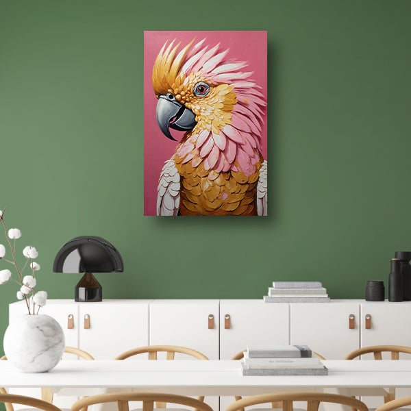 Impressionistische Papegaai in Goud en Roze canvas met baklijst