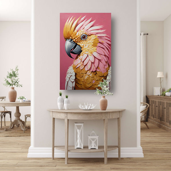 Impressionistische Papegaai in Goud en Roze canvas met baklijst