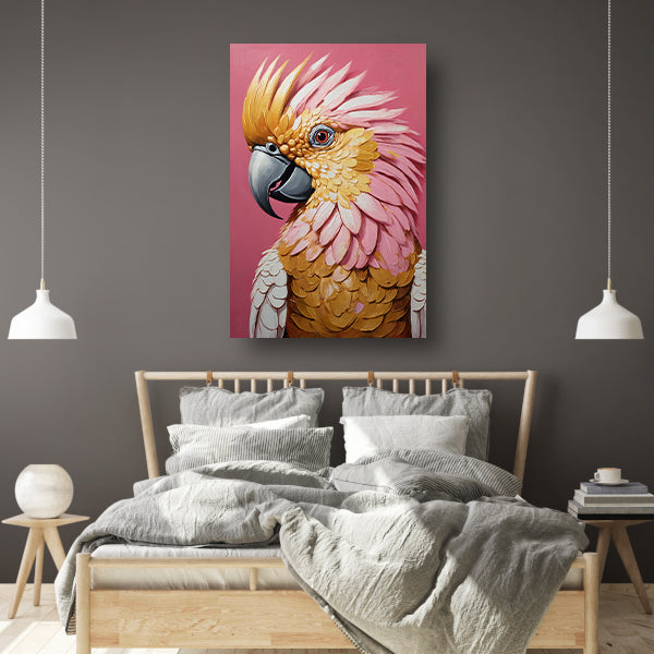 Impressionistische Papegaai in Goud en Roze canvas met baklijst