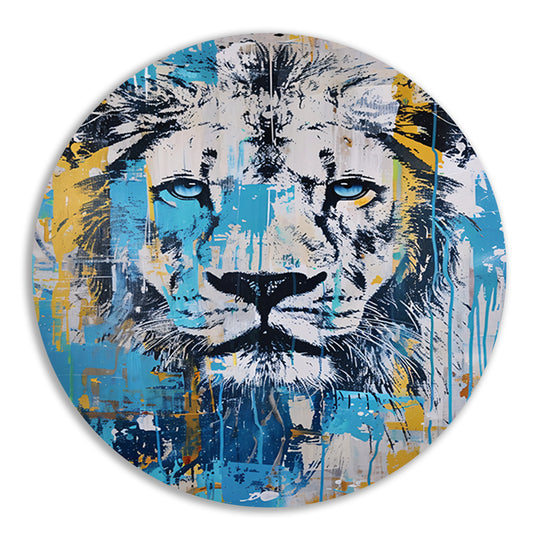 Levendige kleurrijke leeuw pop art schilderij aluminium muurcirkel
