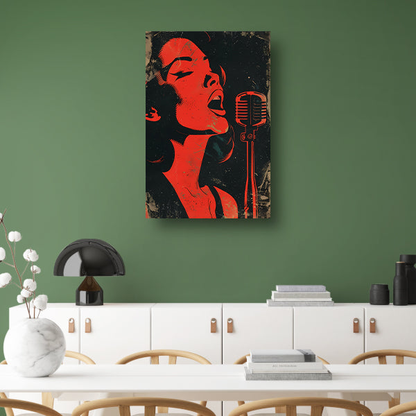 Expressieve rode zangeres met microfoon poster