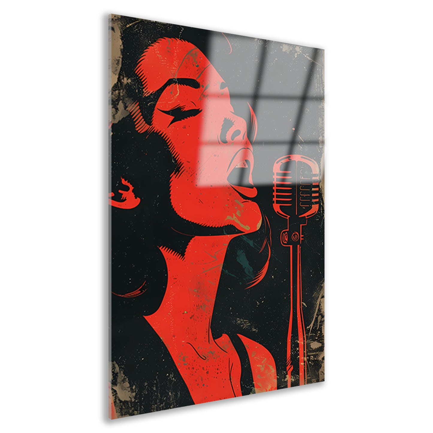 Expressieve rode zangeres met microfoon acrylglas