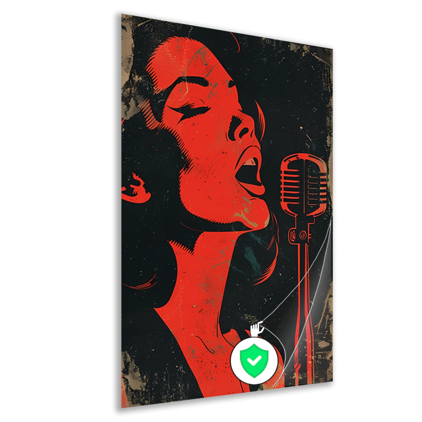 Expressieve rode zangeres met microfoon poster