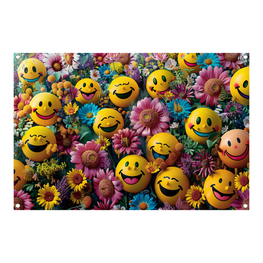 Smileygezichten Bloemenveld tuinposter