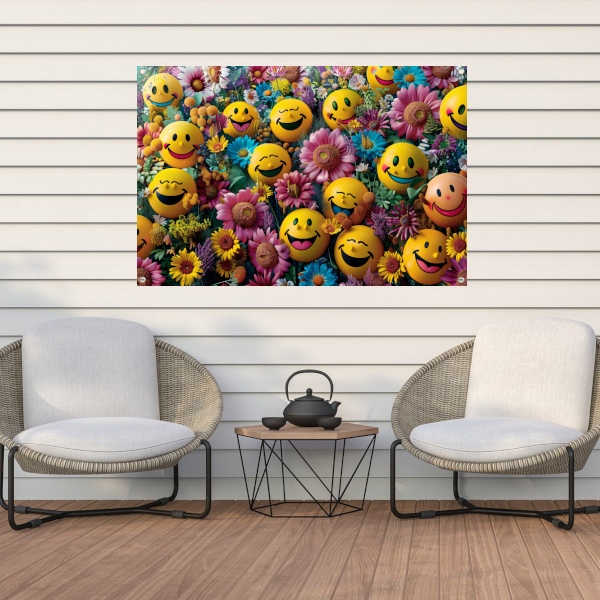 Smileygezichten Bloemenveld tuinposter