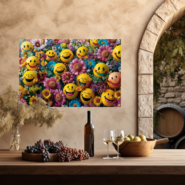 Smileygezichten Bloemenveld tuinposter