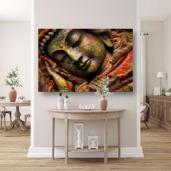 Slapende Boeddha in kleurrijke omhulling canvas