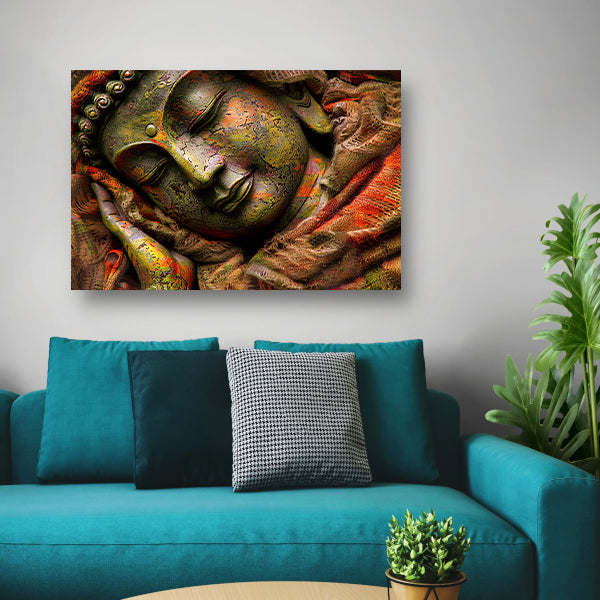 Slapende Boeddha in kleurrijke omhulling canvas
