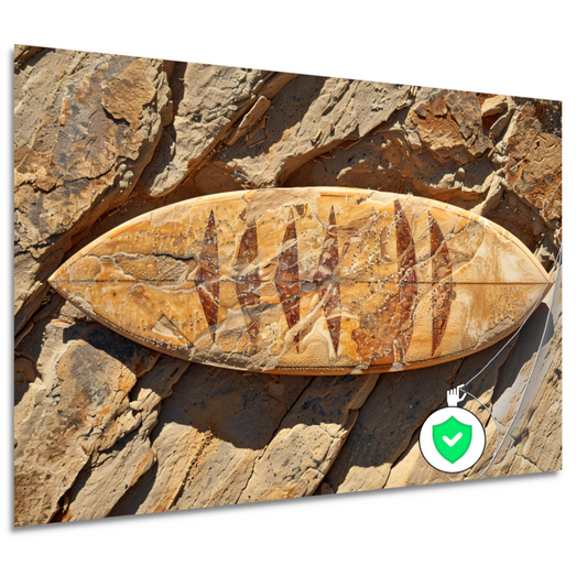 Surfplank op rotsen poster