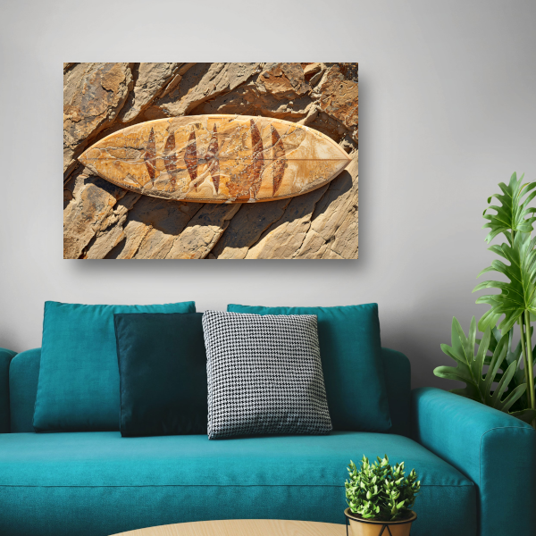 Surfplank op rotsen poster