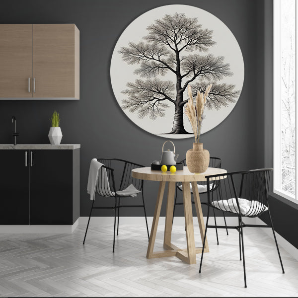 Minimalistische lijntekening van een boom aluminium muurcirkel