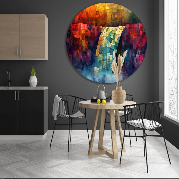 Kleurrijke digitale mozaïek waterval kunst aluminium muurcirkel