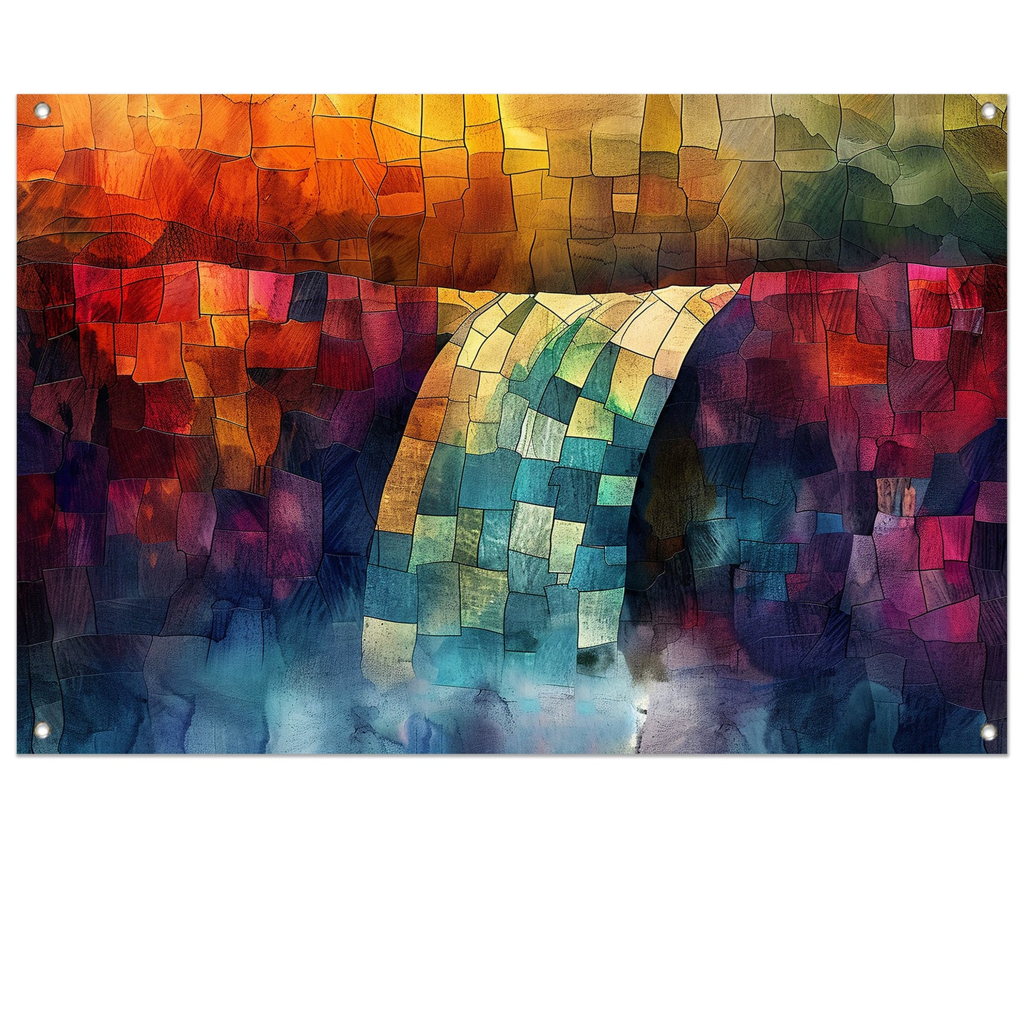 Kleurrijke digitale mozaïek waterval kunst tuinposter