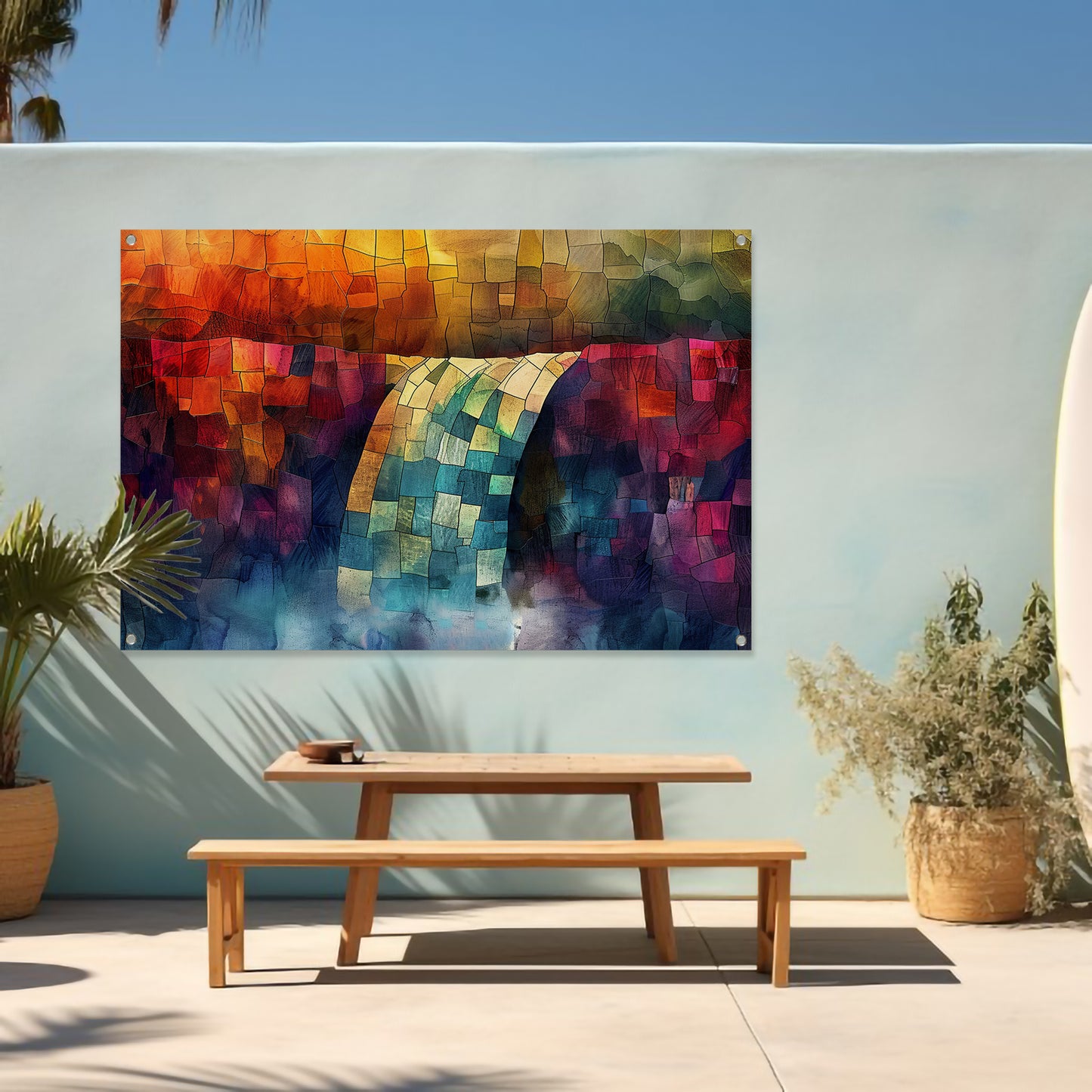 Kleurrijke digitale mozaïek waterval kunst tuinposter