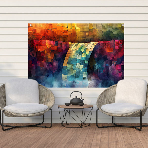 Kleurrijke digitale mozaïek waterval kunst tuinposter